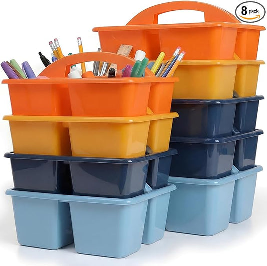 Kathfly 8 Pack Caddy Organizer with Handle, Stackable Organization Storage, Small Plastic Basket Classroom Caddy for Table Desk Office Pencil Kids Room Craft Art Teacher School Supplies (Blue Orange)