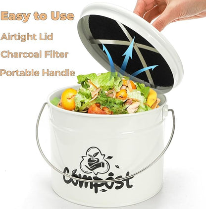 Tlence Small Kitchen Compost Bin, 1 Gallon Odorless Composter Container, Food Waste Bucket with Charcoal Filter Lid, Indoor Farmhouse Composting Pail Canister for Trash Scraps, Carrying Handle