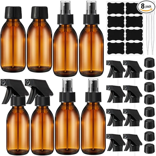 Honeydak 8 Set 4 oz Amber Glass Spray Bottles Kit Small Empty Spray Bottle for Essential Oil Mini Fine Mist Spray Bottle with Nozzle Dropper Label Refillable Container for Cleaning Solutions Skin Care