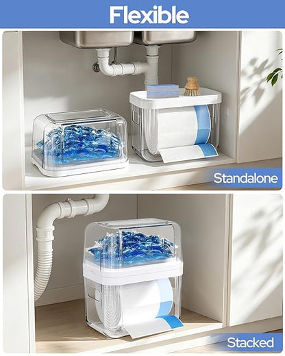 Trash Bag Dispenser & Dishwasher Pods Container, 3 in 1 Clear Acrylic Garbage Bags Holder Under Sink Organizer Laundry Pods Dishwasher Tabs Storage Box for Laundry Room and Kitchen Cabinet