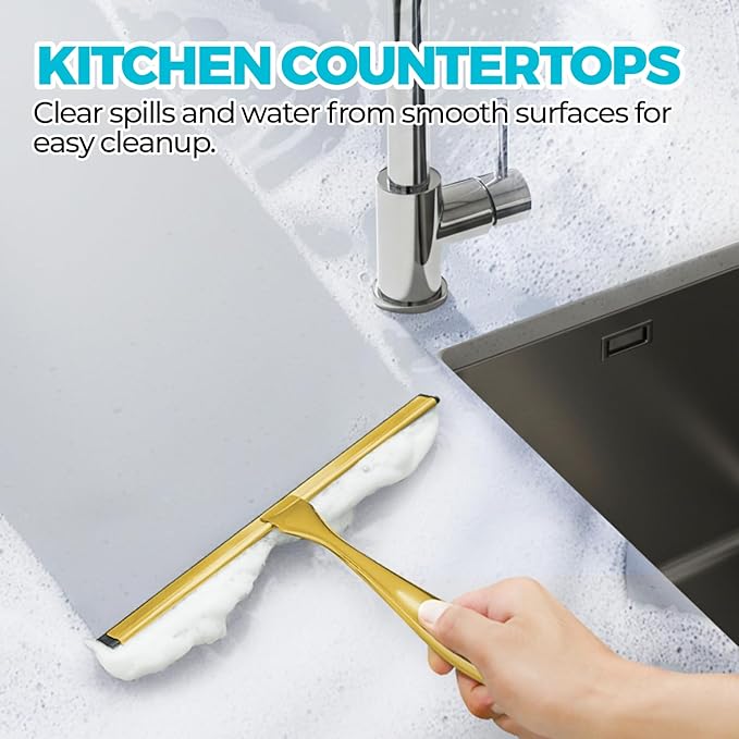 ALFLOD 2PACK All-Purpose Shower Squeegee for Shower Doors, Bath Linen Sets, Tile Shower Walls, Bathroom, Window, Glass and Car Windshield, Mirrors and Kitchen-Stainless Steel,9.8 inch Golden