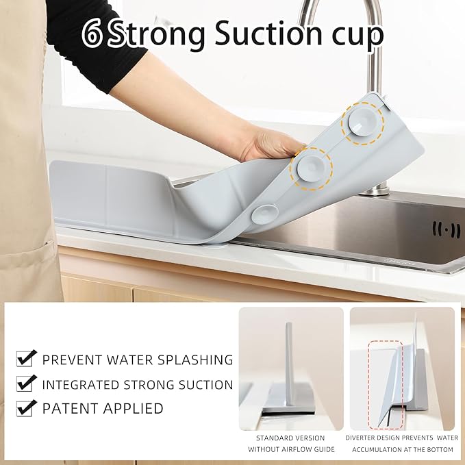 18" Upgraded Silicone Sink Splash Guard Released in 2026,Self-Draining Water Splash Guard for Kitchen Sink,Bathroom and Kitchen Island,with 3.5" High Splash Guard & 6 Strong Suction Cup(Grey)