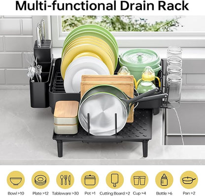 Urackify Dish Drying Rack for Kitchen Counter, 304 Stainless Steel Dish Rack, Expandable Dish Drainer, Foldable Dish Strainer with Cutlery Holder, Kitchen Plate Rack (Black, Large Size)