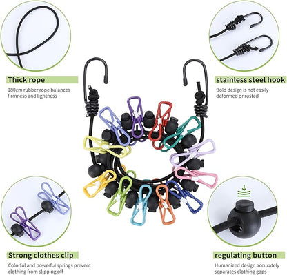 2 Pcs Camping Clothesline Portable 12 Clothespins, Camping Accessories Travel Clothesline for Outdoor Indoor, Retractable Clothes Line Elastic Clothesline, Windproof for Travel Camping Indoor Use