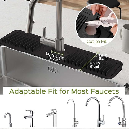 18 Inch Silicone Faucet Mat for Kitchen Sink Splash Guard – 2025 Upgraded Draining Mat with Water Tray Behind Faucet – Countertop Protectors to Catch Spills (Black, 17.7" x 5.5")
