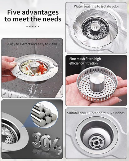 3 in 1 Kitchen Sink Drain Strainer [304 Stainless Steel Pop Up] Anti-Clogging Kitchen Sink Drain Stopper Stainless Steel Drainage Odor Filter Sink Plug for Us Standard 3-1/2 Inch (2 Pack)