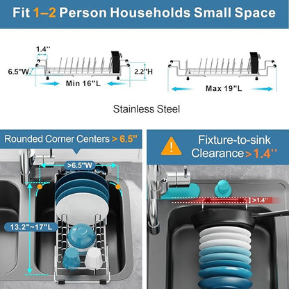 GSlife Small Sink Dish Drying Rack - Stainless Steel in Sink Dish Rack for RV Camper, Expandable Kitchen Counter Drainer with Utensil Holder, 13.2''-19.1" L x 6.5" W x 4.3" H, Silver