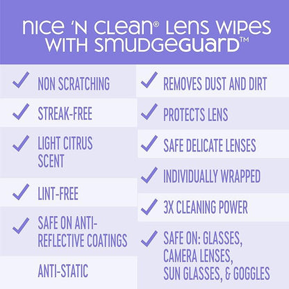 Nice 'n Clean SmudgeGuard Lens Cleaning Wipes (100 Total Wipes) | Pre-Moistened Individually Wrapped Wipes | Non-Scratching & Non-Streaking | Safe for Eyeglasses, Goggles, & Camera Lens