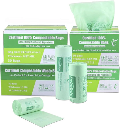 Compostable Bags 13 Gallon, Tall Kitchen Trash Bags, 100 Count, Extra Thick 0.87 Mil. ASTMD6400 Food Scrap Yard Waste Compost Bags, Certified by BPI and TÜV AUSTRIA