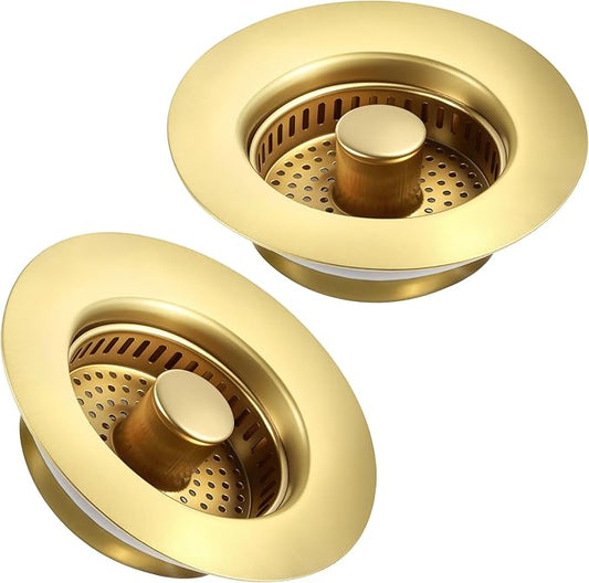 Kitchen Sink Drain Strainer 2 Pack, 304 Stainless Steel Pop Up Sink Stopper, Anti-Clogging Sink Drain Strainer for US Standard Kitchen Drain (Gold)
