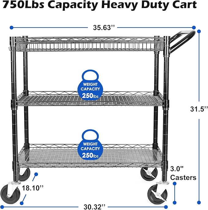 WDT Heavy Duty 3 Tier Utility Cart,Wire Rolling Cart with Wheels, Commercial Grade Service Cart with Shelving Liners and Handle Bar Metal Carts for Kitchen Office Hardware