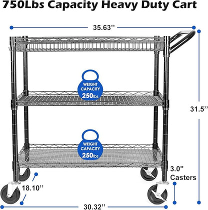 WDT Heavy Duty 3 Tier Utility Cart,Wire Rolling Cart with Wheels, Commercial Grade Service Cart with Shelving Liners and Handle Bar Metal Carts for Kitchen Office Hardware