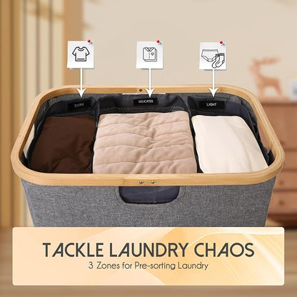 160L Laundry Sorter Hamper with Lid, 3 Section Extra Large Dirty Clothes Basket with Handles, 3 Removable Liner Bags & Labels, Gray