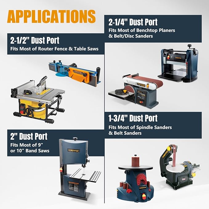 POWERTEC 70511 10 Ft. Vacuum Hose Dust Collection Kit w/ 2 Fittings, Tapered Reducers and Quick Connect Dust Port Adapter for Woodworking Power Tools, Wet/Dry Work Shop Vacuums, Miter Saw, Table Saw