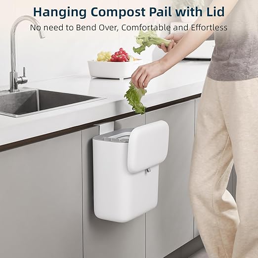 MUEE Compost Bin Kitchen for Counter Top or Under Sink, Hanging Small Trash Can with Lid [1.8 Gal/6.8L], Food Waste Bin, Mountable Garbage Can for Cupboard/Bathroom/Bedroom/Office/RV, Matte White