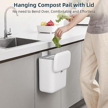 MUEE Compost Bin Kitchen for Counter Top or Under Sink, Hanging Small Trash Can with Lid [1.8 Gal/6.8L], Food Waste Bin, Mountable Garbage Can for Cupboard/Bathroom/Bedroom/Office/RV, Matte White