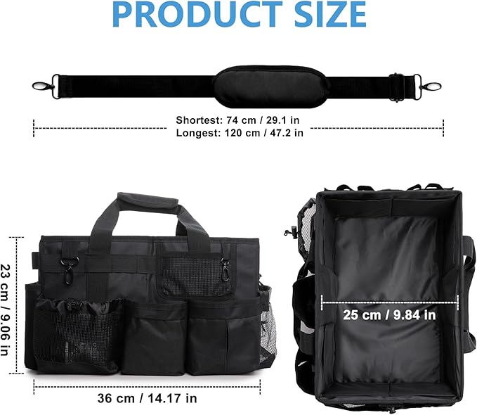 Large Wearable Cleaning Caddy Bags, Cleaning Supplies Organizer with Detachable Divider & Adjustable Shoulder Straps for Housekeepers & Cleaners, 14 inch Black Tool Bag