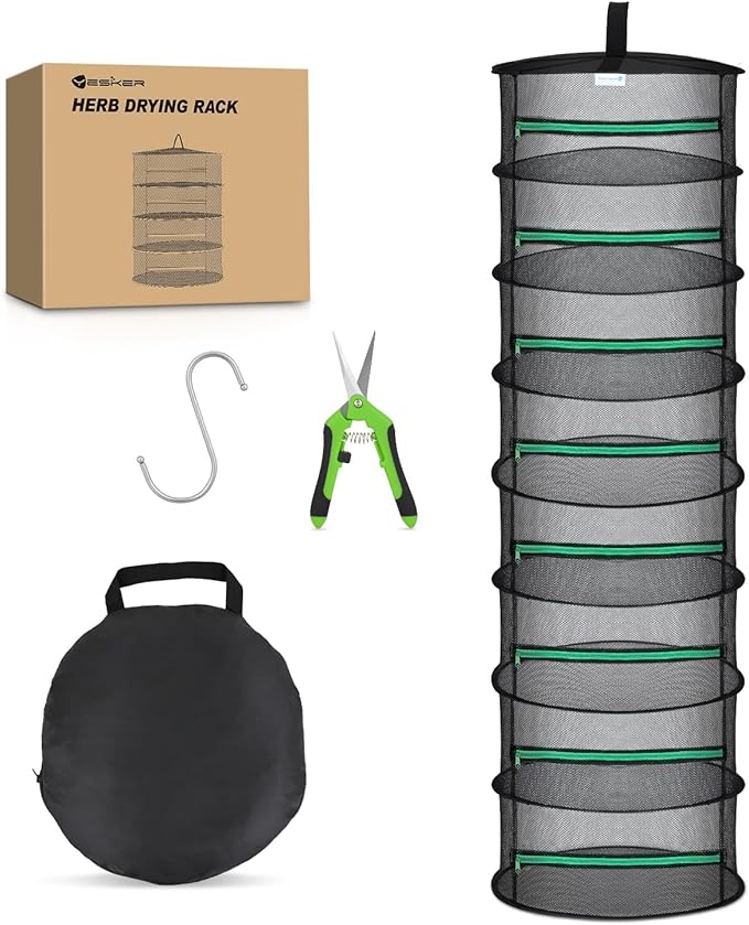 Yesker 8 Layer Herb Drying Rack Hanging Mesh Net Foldable Plant Drying Racks 24" w Green Zipper Pruning Shears Hook Dryer Hanging Rack for Herbs Seed Bud Fruit Clothes Grow Tent Closets Garden Outdoor