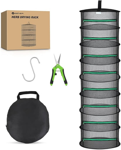 Yesker 8 Layer Herb Drying Rack Hanging Mesh Net Foldable Plant Drying Racks 24" w Green Zipper Pruning Shears Hook Dryer Hanging Rack for Herbs Seed Bud Fruit Clothes Grow Tent Closets Garden Outdoor