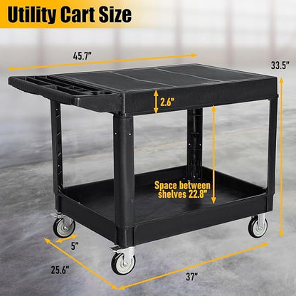 2 Tier Heavy Duty Utility Cart with Wheels, 1000 lbs Capacity Flat Top Plastic Rolling Tool Cart with Lipped Shelves, 46 x 26-Inch Mechanic Work Cart for Warehouse, Garage, Cleaning, Black