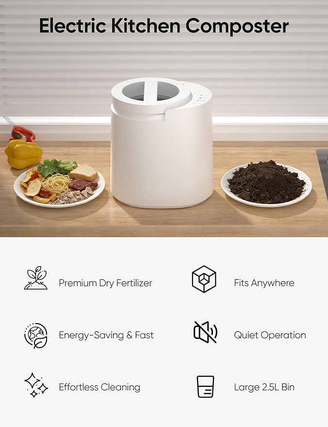 LUBBYGIM Electric Composter for Kitchen, 2.5L Smart Countertop Compost Bin, Auto-Cleaning & Odorless & Low Noise & Turn Food Waste into Fertilizer, Indoor Electric Food Waste Composter for Home Use
