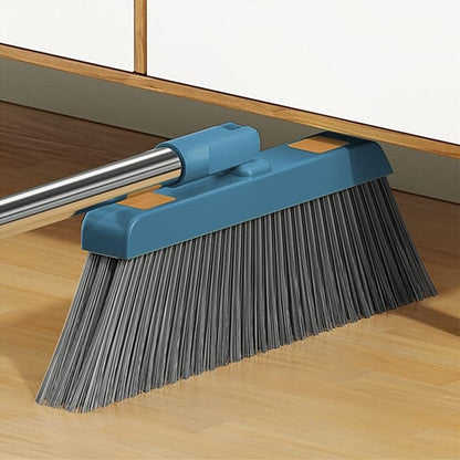 30'' Broom and Dustpan Set for Home with Scraping Teeth and Scraper, 180° Rotatable Long Handle Broom with Stand Up Dustpan Combo Set for Office Home Kitchen Lobby Floor, House Warming Gifts (Blue)
