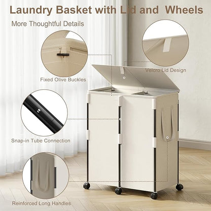160L Double Laundry Hamper with Lid and 6 Wheels, Rolling Laundry Basket with 2 Removable Bags, Heavy Duty Metal Frame Clothes Cart, 2-Section Laundry Sorter for Bedroom, Bathroom (White)