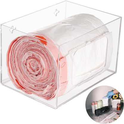 SEANADO Extra Large Trash Bag Dispenser Roll Holder, Wall Mount Acrylic Kitchen Under Sink Organizer Storage Box Large Garbage Bags (10.43” x 7.5” x 6.9” without Lid)