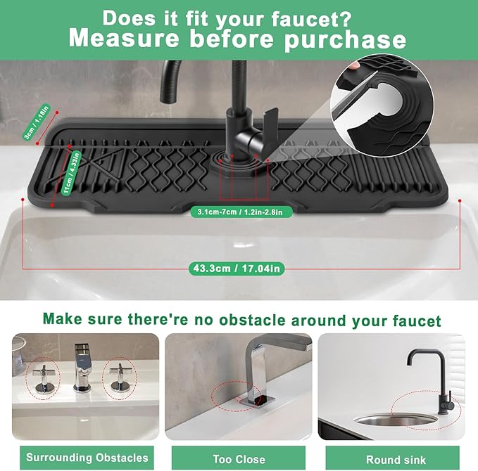17 Inch Faucet Mat For Kitchen Sink Splash Guard Behind Faucet, ，5°Slope Fast Draining Silicone Mat , Dish Soap Sponge Holder for Bathroom Sink kitchen sink organizer (black, 17" x 6")