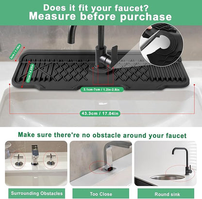 17 Inch Faucet Mat For Kitchen Sink Splash Guard Behind Faucet, ，5°Slope Fast Draining Silicone Mat , Dish Soap Sponge Holder for Bathroom Sink kitchen sink organizer (black, 17" x 6")