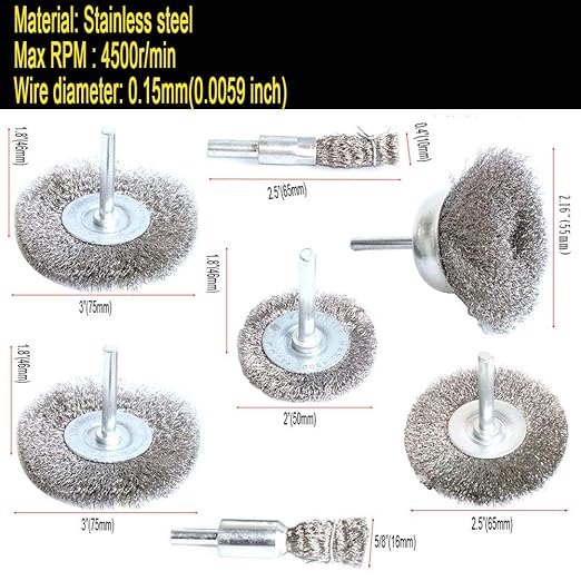 FPPO Stainless Steel Wire Wheel Brush & Crimped Cup Brush Kit for Drill,Fine Wire Diameter 0.0059 Inch,for Rotary Tool with 1/4-Inch Shank,Removal of Rust,deburring,Paint (7pcs)