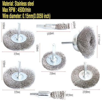 FPPO Stainless Steel Wire Wheel Brush & Crimped Cup Brush Kit for Drill,Fine Wire Diameter 0.0059 Inch,for Rotary Tool with 1/4-Inch Shank,Removal of Rust,deburring,Paint (7pcs)