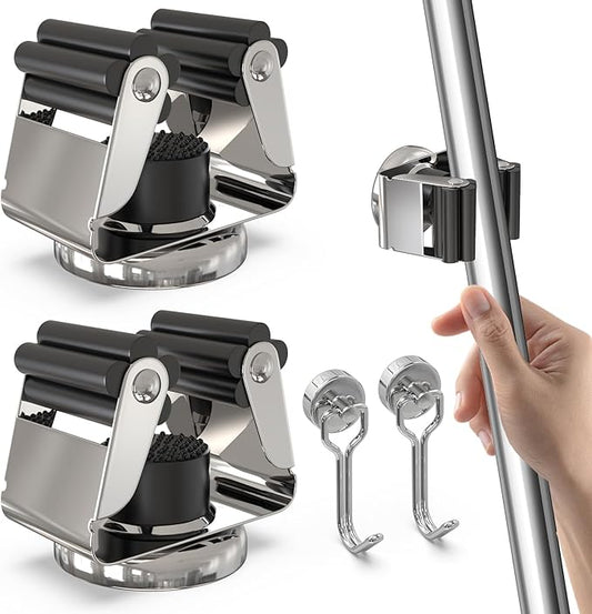 3-H Magnetic Broom Holder 4 Piece, 304 Stainless Steel Broom Holder Wall Mount, No Drilling Magnetic Tool Holder with 2 Mini Magnetic Hooks for Garage Garden Laundry Kitchen, Silver