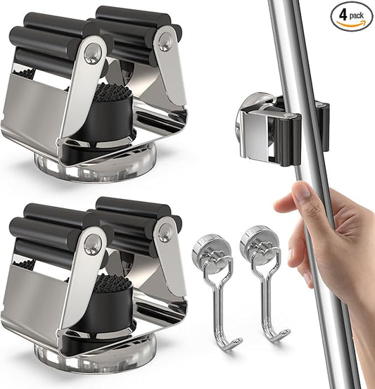 3-H Upgraded Magnetic Broom Holder with Strong Magnetic Hook 4 Pack, Broom Holder Wall Mount No Drill, Stainless Steel Broom Gripper for Garage Garden Shed Storage Laundry Home Kitchen,Silver