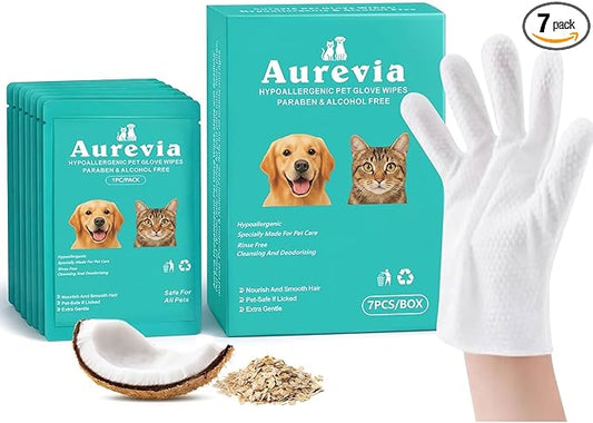 Hypoallergenic Pet Glove Wipes for Dogs & Cats - 7 Individually Wrapped Disposable No-Rinse Grooming Mitts | Lick-Safe Waterless Cleaning Gloves for Paws, Butt, Face & Fur | Deodorizing & Soft