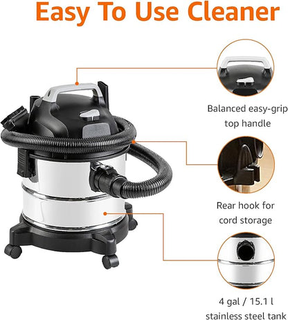Amazon Basics Wet Dry Shop Vacuum Cleaner, 4 Gallon, 3 HP Stainless Steel, Grey/Black