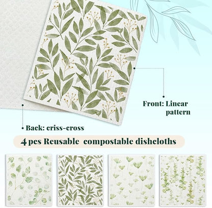 Swedish Dishcloths, Botanical Watercolor Leaf, 4 Pack Reusable Paper Towels, Cotton & Wood Pulp, 6.7 x 7.5 Inches