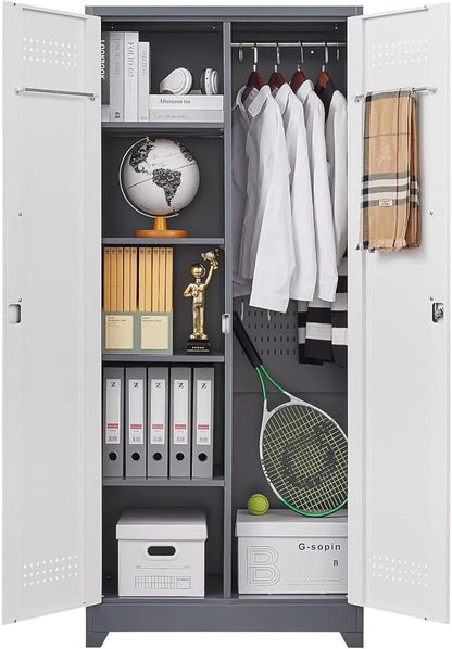 72"H Tall Metal Garage Storage Cabinet, Freestanding Broom Closet Storage Cabinet with Locking Door for Cleaning Tool, Large Tool Organizer Cabinet with Hanging Rod for Home Office, Grey White