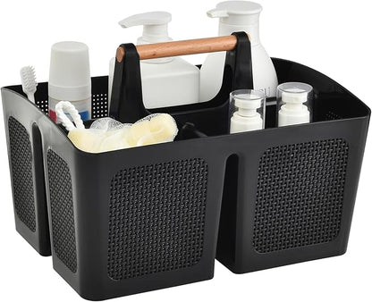ALINK Portable Shower Caddy Basket with Compartments, Plastic Divided Cleaning Caddy Organizer Storage Tote with Handle for Bathroom, College, Dorm Room Essentials, Black