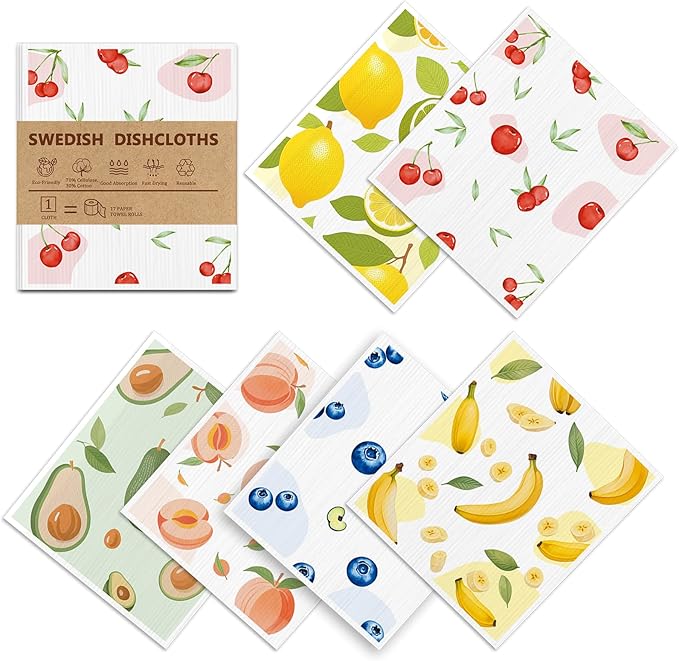 Swedish Dishcloths for Kitchen - 6 Pack Reusable Paper Towels, Non-Scratch Cellulose Cloths, No Odor, Biodegradable Cleaning Cloths