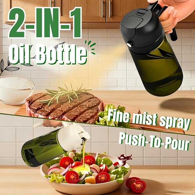 Oil Sprayer for Cooking, 2-in-1 Olive Oil Sprayer and Dispenser, 16oz Fine Mist Oil Mister (2pcs), Grilling Spray Bottle, Dark Glass Light-Blocking Spray Bottle for Air Fryer, BBQ, Baking, Salad