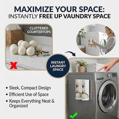 Magnetic Dryer Ball Holder for Laundry Room Organization - Space-Saving Wool Dryer Ball Storage Rack, Strong Magnet Mounts to Washer & Dryer, Holds 6+ Standard Balls, Two Ways to Use,Minimalist Design