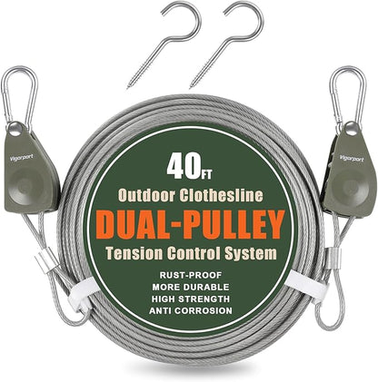 Vigorport Outdoor Retractable Clothesline, Portable Travel Clothes Line, Heavy Duty Rope Pully System with Metal Carabiner & Nylon Coating Wire Ropes for Camping, RV, Backyard（40Ft）