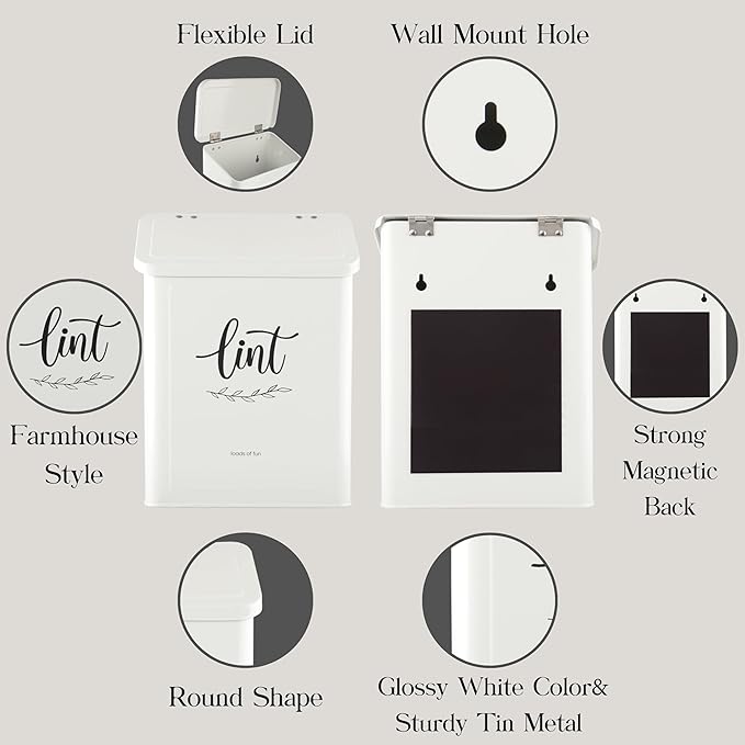 Perfnique Magnetic Lint Bin for Laundry Room with Lint Brush, Wall Mounted Lint Holder Trash can with lid for Dryer, Modern Farmhouse Rustic Metal Laundry Room Storage Organization and Decor(White)