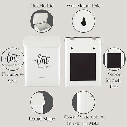 Perfnique Magnetic Lint Bin for Laundry Room with Lint Brush, Wall Mounted Lint Holder Trash can with lid for Dryer, Modern Farmhouse Rustic Metal Laundry Room Storage Organization and Decor(White)