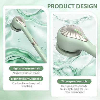 Electric Body Brush Back Scrubber for Shower, Waterproof Long Handle Power Body Scrubber with 6 Heads, Rechargeable Bath Brush & 3 Speeds, for Cleansing, Exfoliating and Massaging Skin (Green)