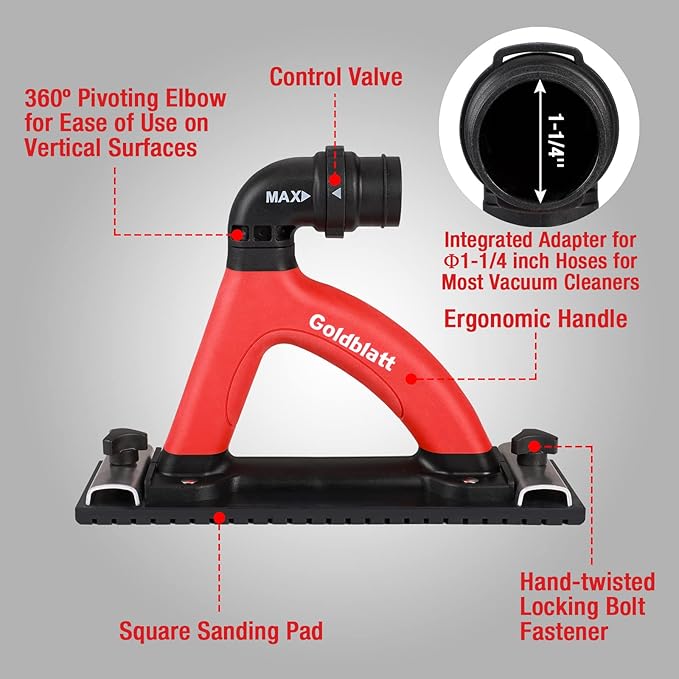 Goldblatt Dust Free Hand Sander, Dustless Drywall Vacuum Sander, with 6.5 ft Hose, Sanding Pad, Adapter