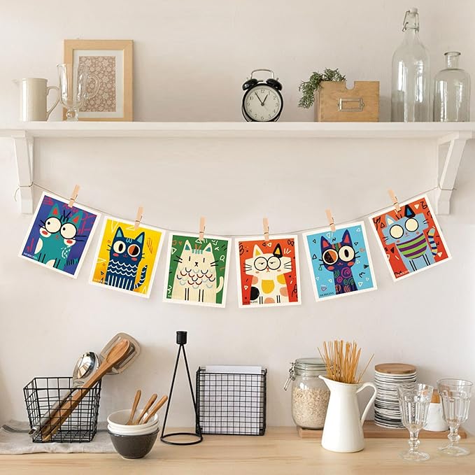 Cute Cat Series Swedish-Style Dishcloths 6-Piece Set Abstract-Style Colorful Cat Reusable Absorbent Towels Ideal for Kitchens, Bathrooms, and Countertop Cleaning Cellulose Sponge Cloths