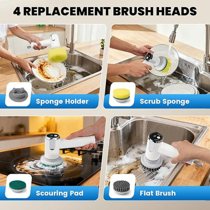 Electric Spin Scrubber for Scrub Daddy/Mommy, Goldusk 2-Speed Power Cleaning Brush with Digital Display 4 Replacement Brush Heads, Smiley Sponge Wand Handle Dish Wand for Sink/Griddle/Stove/Tub/Tile