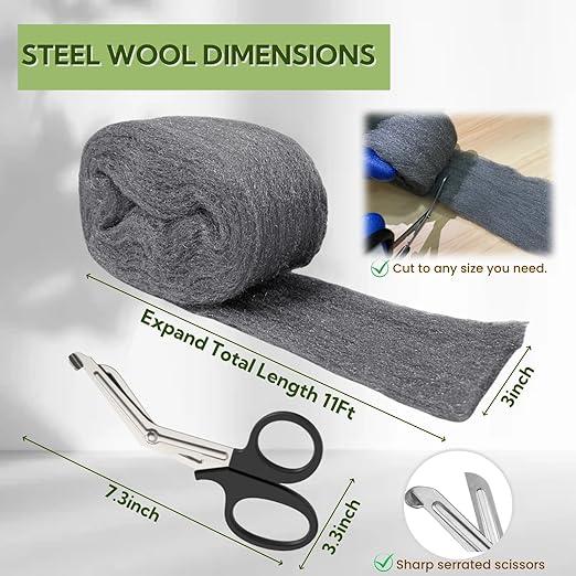 Steel Wool Mice Control - 3 Pack 3'' x 11Ft Steel Wool 0000 - Fine SteelWool Included Work Gloves & Scissors - Mouse Wall Hole Filler for Home, Garden & Garage